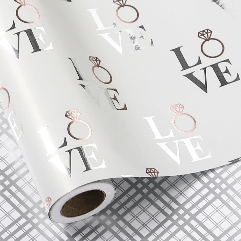 LeZakaa Reversible Wedding Wrapping Paper Roll Love with Ring Plaid Design Silver Foil for Mothers Day Bridal Shower Anniversay Engagement Valentines17 inches x 328 Feet